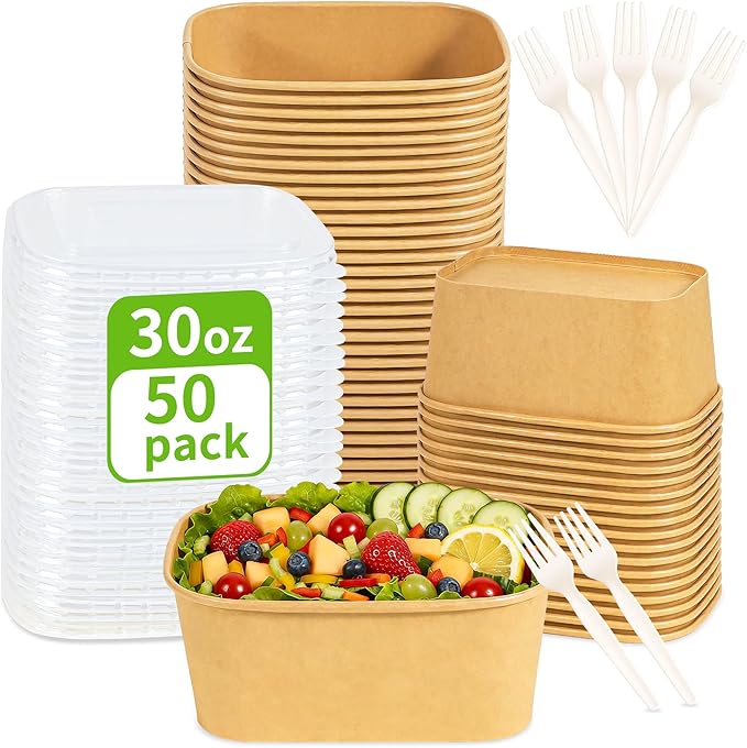 FEHHTO 50-Pack 30oz Meal Prep Containers Disposable Kraft Paper Bowls with Lids & Compostable Cornstarch Forks, Extra Large Heavy Duty Food Containers, Microwave & Freezer Safe for Hot & Cold Foods