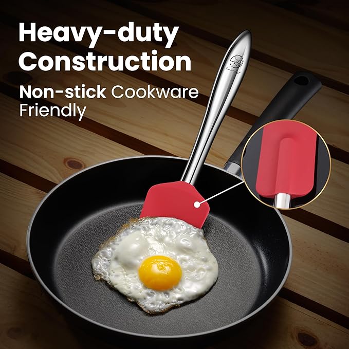 5pcs Silicone Spatula Cooking Utensils Set with Stainless Steel Handles, Premium Heat-Resistant Kitchen Utensils for Baking, Spoonula & Silicone Brush Included, Safe for Nonstick Cookware (Red)