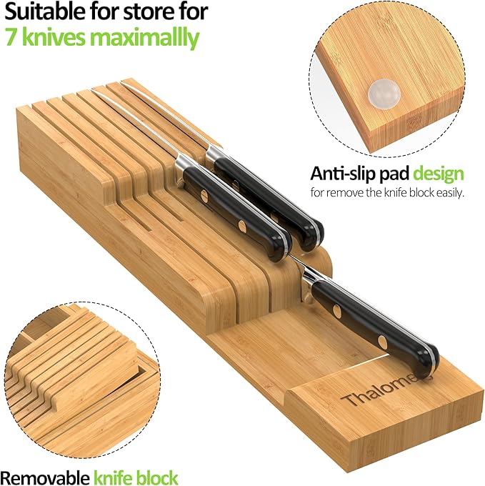 Thalomely Bamboo Kitchen Drawer Organizer, Expandable Silverware Organizer with Removable Knife Block, 6-8 Slots- Utensil Holder & Cutlery Tray Drawer Dividers, 2.36" Deep for Extra Capacity, Natural