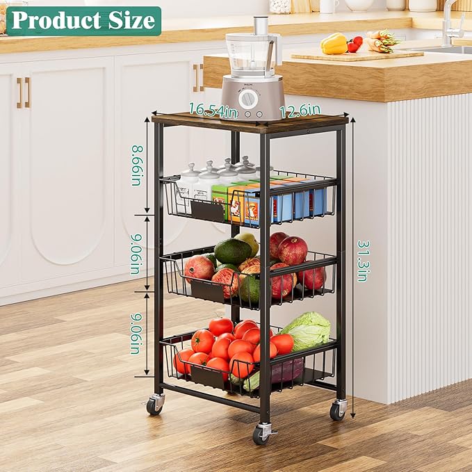 Giwil Vegetable Fruit Basket for Kitchen Pantry Organizers Storage, 4-Tier Utility Rolling Cart on Wheels with Wood Top and Drawer Wire Baskets for Onions Potatoes Snacks, Black