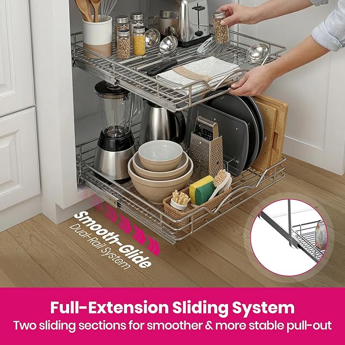 2-Tier Pull-Out Cabinet Organizer with Heavy-Duty Steel Frame, Full-Extension Sliding Shelves, Holds 100 lbs, Easy Install for Kitchen, Pantry & Under Sink Cabinets, 17" W x 21”D x 16.5" H