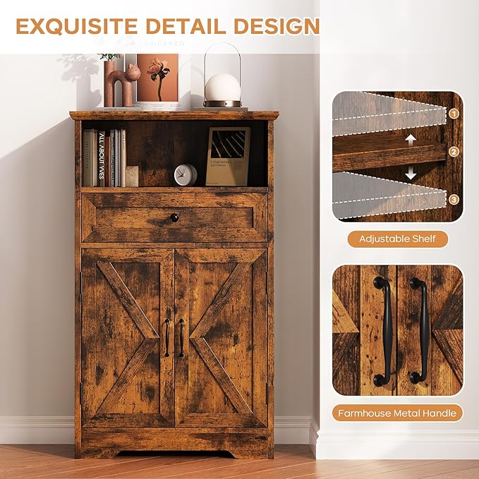 Viroformo Floor Cabinet, Farmhouse Storage Cabinet with Barn Doors and Drawer, 11.81" D x 23.62" W x 39.37" H Rustic Brown Freestanding Adjustable Shelf Organizer for Bathroom, Kitchen, Living Room