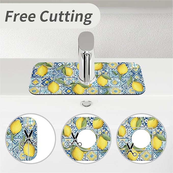 Kitchen Sink Splash Guard，Blue tiles and lemons Faucet Mat Sink Gadgets-Super Absorbent Fast Drying Mat Drip Catcher for Kitchen, Bathroom,Sink Mat, Dish Drying Mat, Bathroom(15" X 5.5" )