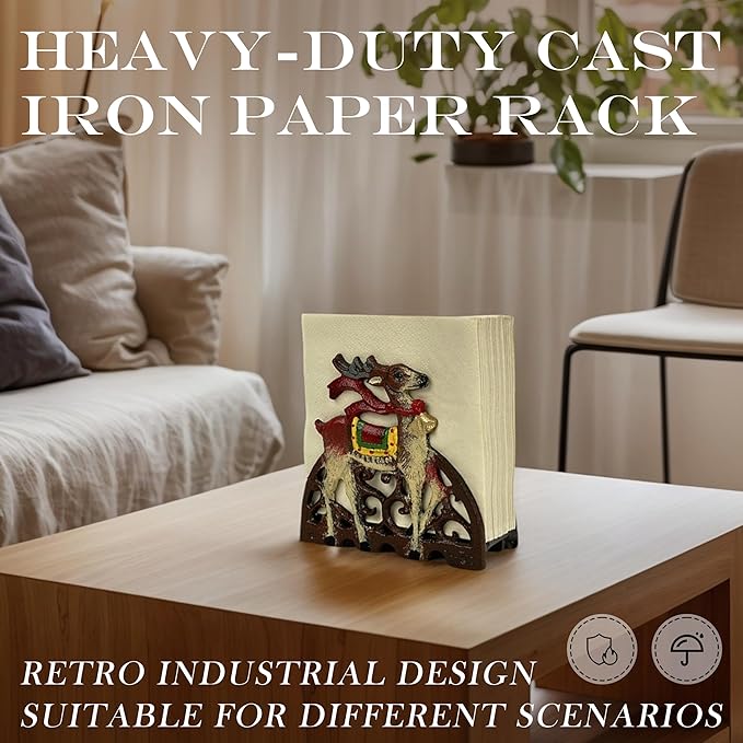 Linton Arts Cast Iron Napkin Holder for Table, Decorative Cocktail Napkin Holder with Deer Design, Heavy Duty Kitchen Napkin Holder for Paper Napkins, Kitchen Island & Dining Table Decor