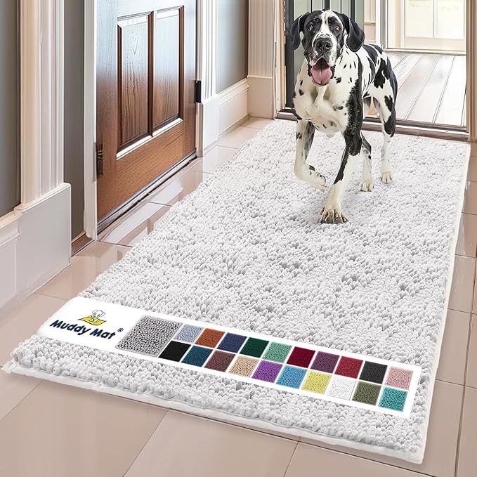 Muddy Mat® | Super Absorbent Door Mat Indoor, Microfiber Quick Dry Chenille Entryway Rug, Non-Slip Front Door Mat, Indoor Mats for Entryway, Machine Washable Pet Rug, White 24" x 96"