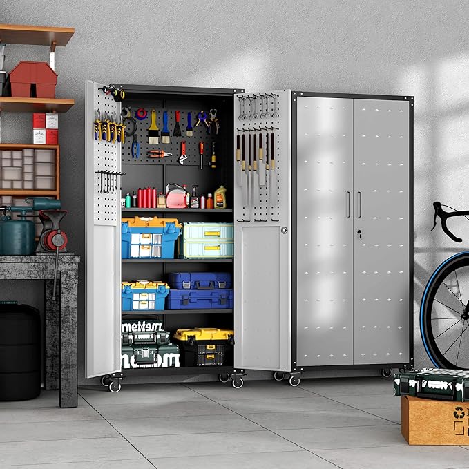 BIZOEIRON Garage Metal Storage Cabinet with Pegboard, 71'' Tall Storage Cabinet with Adjustable Shelves and Doors, Rolling Tool Cabinet on Wheels for Garage, Utility Room (Black & Grey)