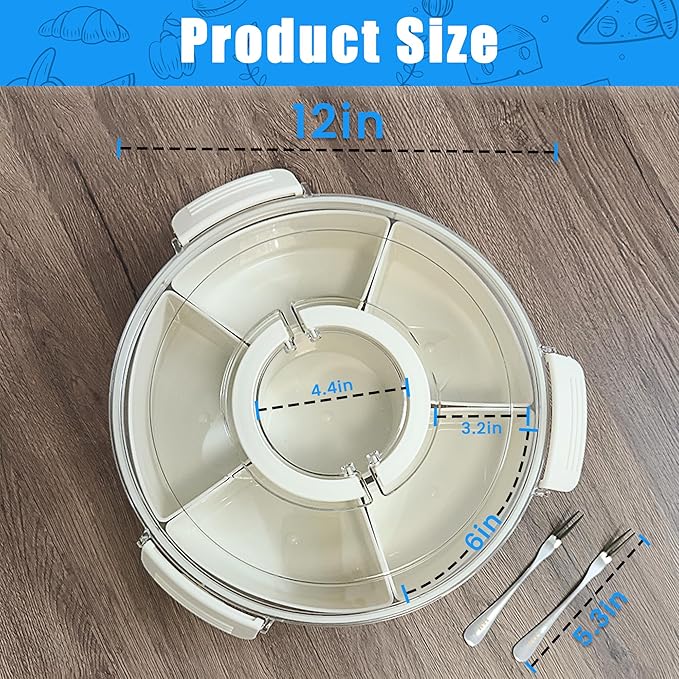 Rotating Snack Box Container for Parties, Veggie Tray with Lid, Divided Serving Box for Fruit, Large Rotating Tray with Lid for Kids and Fridge Storage (12" Snackle Box)