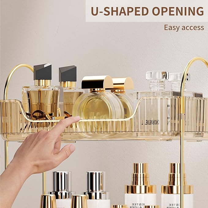 Bathroom Organizer Countertop, Vanity Tray for Skincare Makeup, Counter Organizer for Cosmetics, Toiletries, Lotions, Perfumes (1 Tier, Amber)