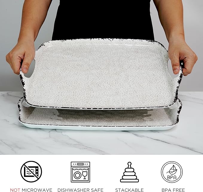 TP Large Serving Trays with Handles, 19" x 12" Melamine Serving Platters for Food, Turkey, Set of 2 Rectangular Trays for Party, Rustic White