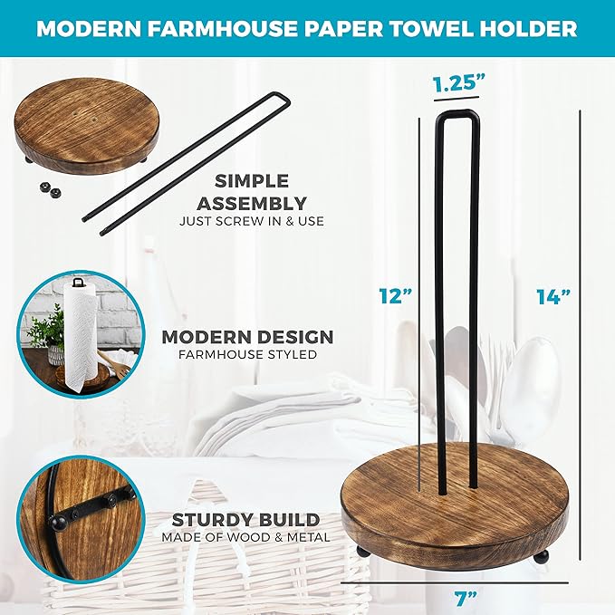 Tribello Modern Farmhouse Paper Towel Holders for Kitchen, Vintage Wire and Wood Countertop Paper Towel Holder - Black Edition
