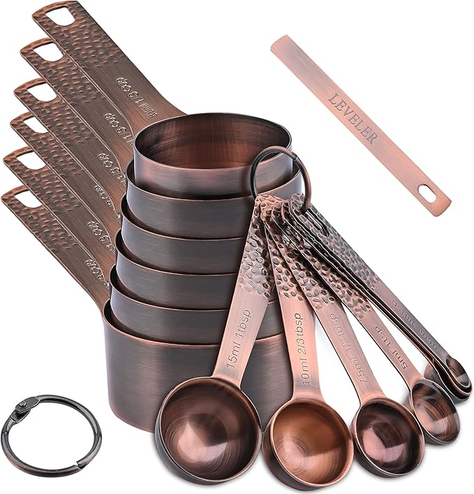 Smithcraft Copper Measuring Cups and Spoons Set, Stainless Steel Copper Plated 6 Metric & US Measuring Cups & 7 Spoons with Leveler for Baking & Kitchen