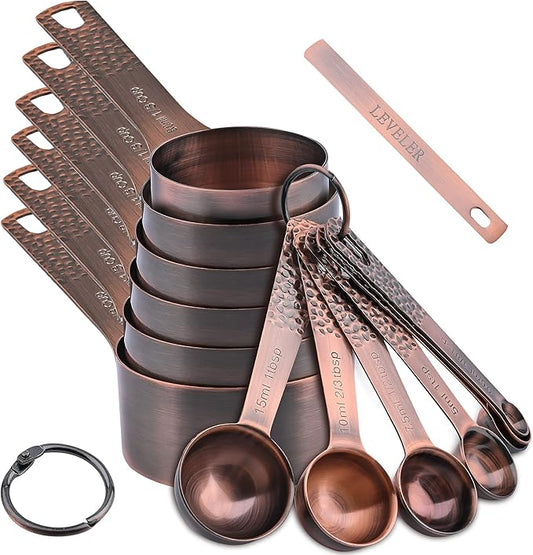 Smithcraft Copper Measuring Cups and Spoons Set, Stainless Steel Copper Plated 6 Metric & US Measuring Cups & 7 Spoons with Leveler for Baking & Kitchen