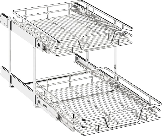 QUYUWU 2-Tier Kitchen Cabinet Pull Out Shelf and Drawer Organizer Slide Out Pantry Storaqe Basket in Multiple Sizes (21" W x 21" D,)
