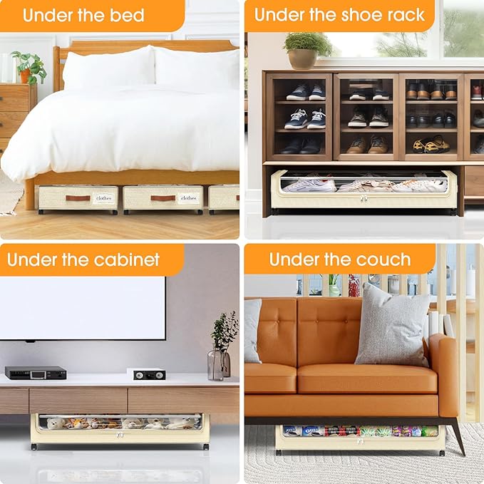 Under Bed Storage with Wheels 3Pack Underbed Storage with Clear Window&Label Under Bed Drawers Large Capacity Rolling Under Bed Storage for Clothes,Shoes, Blankets (Beige)