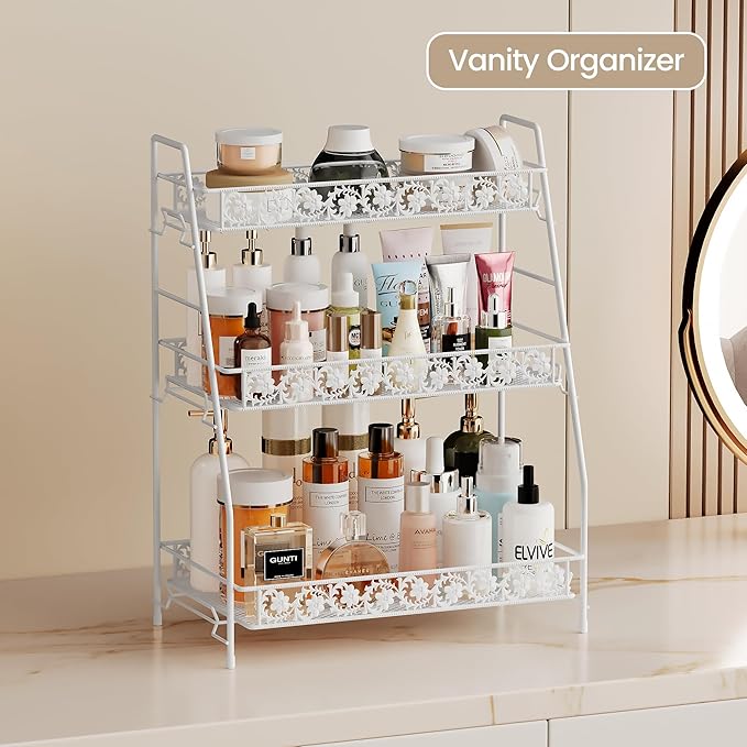 IBEDMAZIE 3-Tier Large Size Storage Rack,Counter Organiztion for Bathroom Countertop Organizer Shelf for Spice Racks for Kitchen/Sink/Bedroom/Living room/Office/Plant Rack with Two Metal Baskets