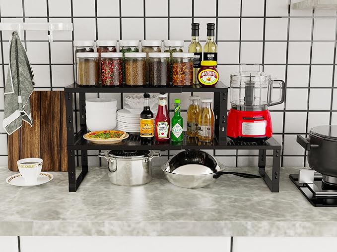 Jojocross Adjustable Expanable Stackable Spice Rack Shelf Pantry Storage Organizer for Kitchen Cabinet,Countertop,Bathroom and More.Space is no Longer Limited(2Packs/Black/Medium)