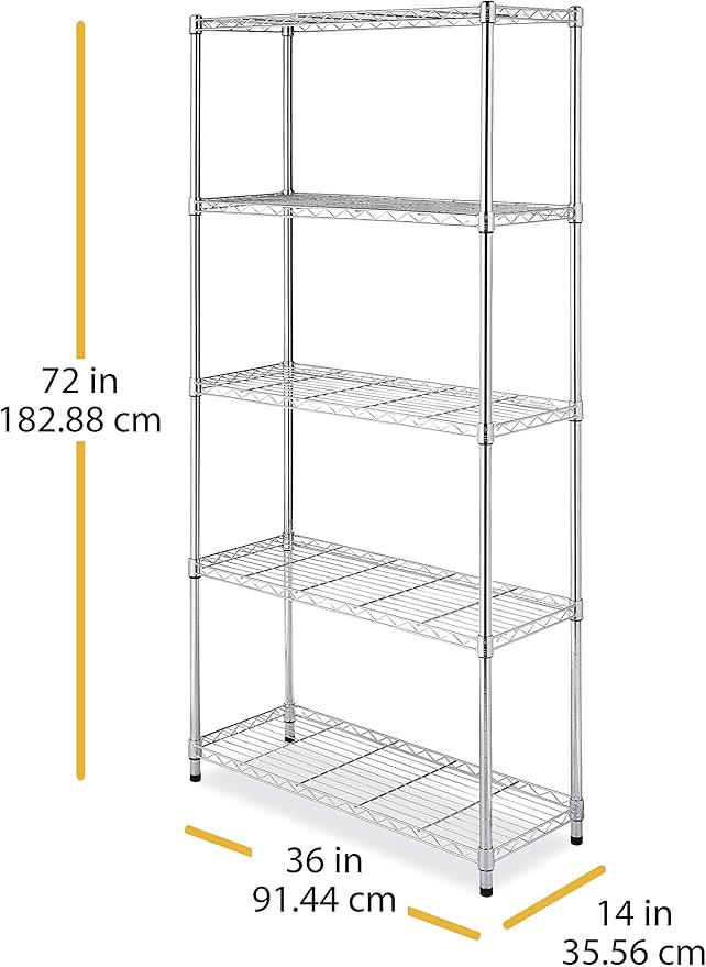 Whitmor 5 Tier Shelving Unit, Metal Storage Shelves, 400 lbs Capacity per Shelf, 2000 lbs Total, Adjustable Heavy Duty Shelf, Easy Assembly for Kitchen, Garage, Plant, 36" L x 14" W x 72" H, Chrome