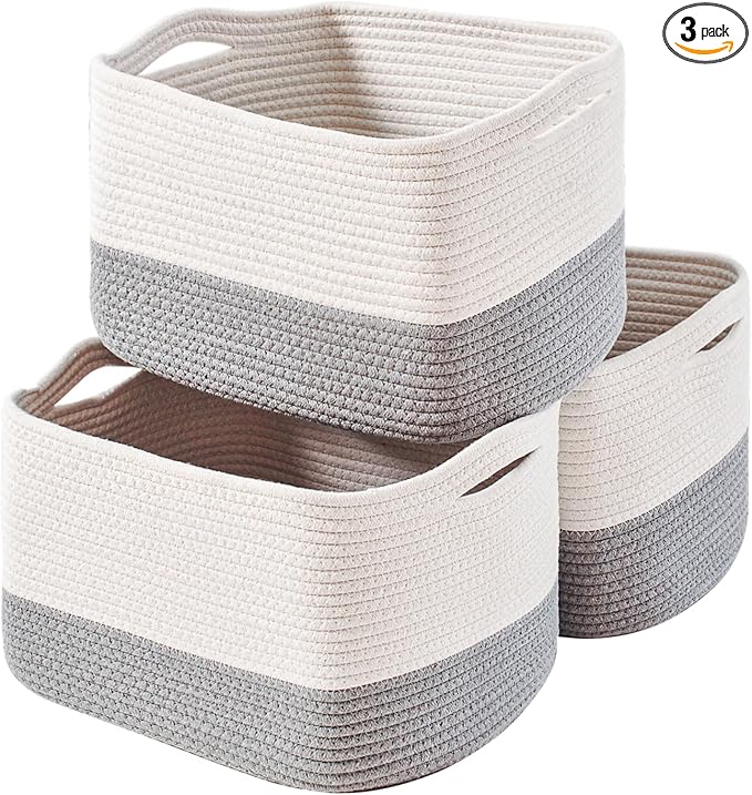 ICERZCZ Storage Baskets for Organizing Shelves, Woven Cotton Rope Bins for Baby Nursery Organization, Book Toy Towel Organizer, 15"x11"x9.5", 3 Packs, Off White & Grey
