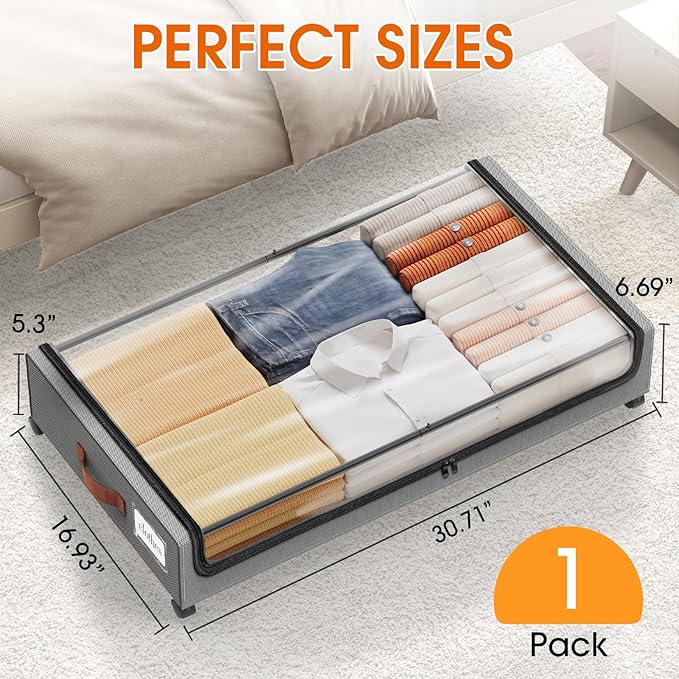 Under Bed Storage with Wheels 1Pack Underbed Storage with Clear Window&Label Under Bed Drawers Large Capacity Rolling Under Bed Storage for Clothes,Shoes, Blankets (Light Grey)