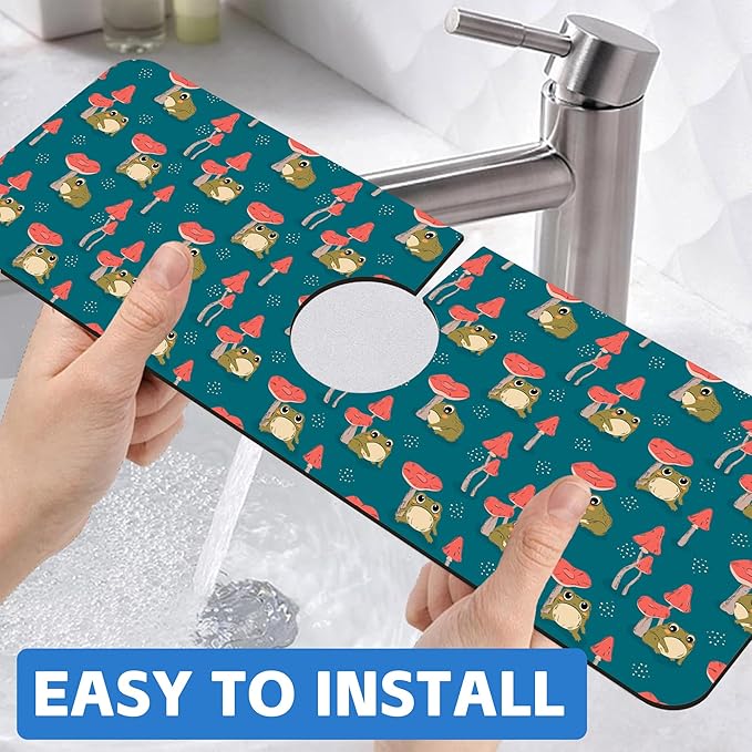 Cute Frog and Mushrooms Dish Drying Mat for Kitchen Sink Splash Guard Behind Faucet Sink Mat Absorbent Fast Drying Faucet Draining Mat for Bathroom Kitchen 5.5"×15"