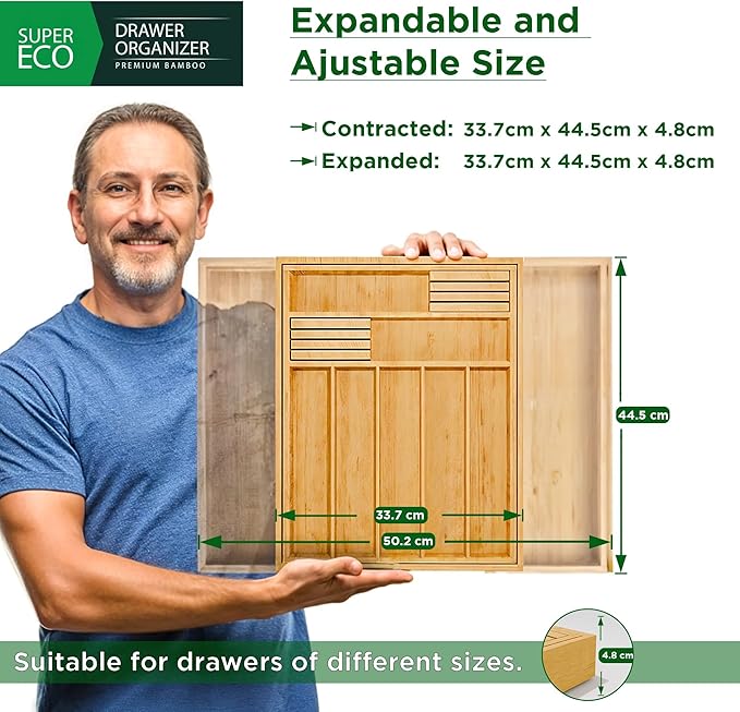 SUPER ECO Bamboo Kitchen Drawer Organizer - Bamboo Expandable Drawer Organizer Utensil Holder & Cutlery Tray - Adjustable Wood Drawer Dividers Organizer for Silverware, Flatware, Knives (9 Slot)