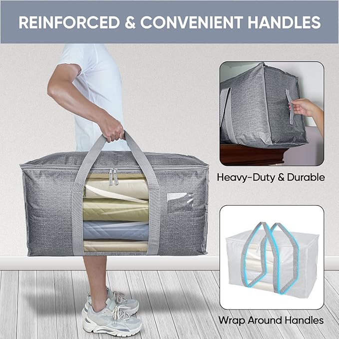 BALEINE 2-Pack Oversized Moving Bags with Reinforced Handles, Heavy-Duty Storage Tote Moving Supplies for Packaging, Camping (Gray w/Window, 2-Pack)
