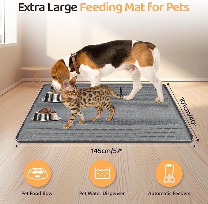 Dog Food Mat, Extra Large 57" x 40" Silicone Pet Feeding Mat with Raised Edge Pet Placemat for Small, Medium, and Large Pets Non-Slip, Easy to Clean (Dark Grey)