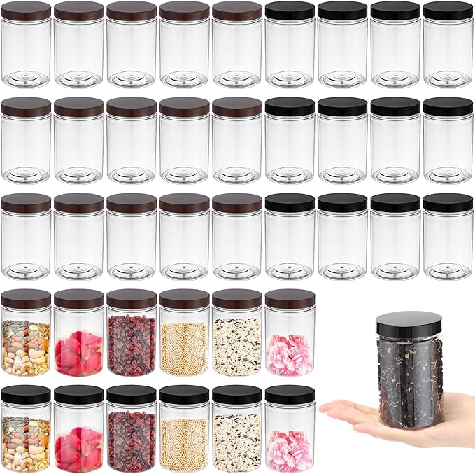 Mifoci 50 Pcs 9.5 oz Clear Plastic Jars Containers Wide Mouth Food Storage Jar for Kitchen Dry Food Butter Honey Cosmetics Cream, Black and Brown(2.56''l x 3.94''h)