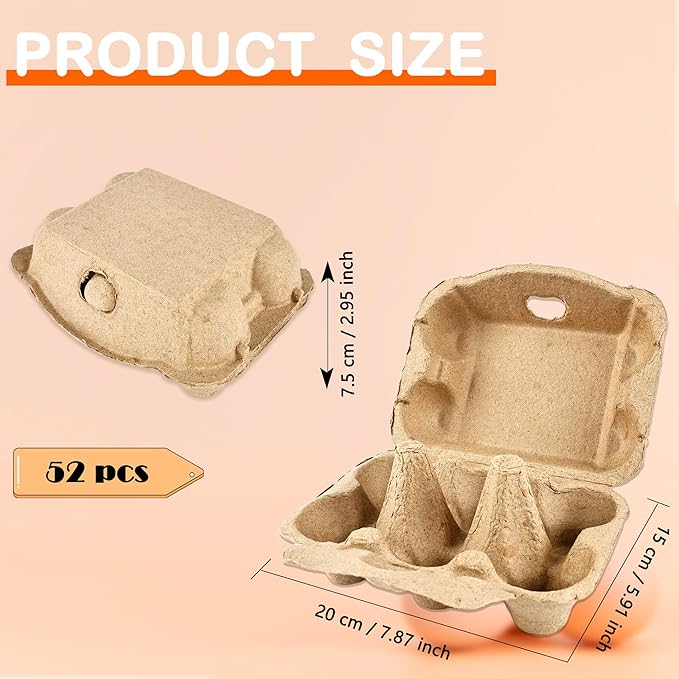 52 Pack Paper Egg Cartons Bulk 6 Count Natural Pulp Egg Containers 3 x 4 Style Square Chicken Cardboard Egg Tray Holder for Family Farm Market Chicken Farm Storing