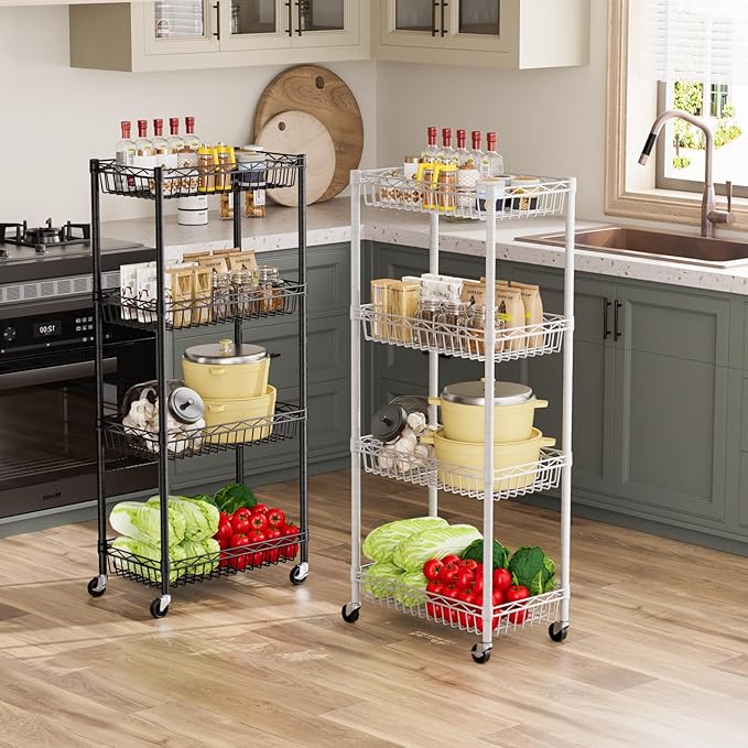 4 Tier Shelf Wire Shelving Unit Adjustable Storage Shelves Big Basket Rack Standing Units for Kitchen Closet Laundry Bathroom Organizers Metal Pantry Mesh 10" D x 16" W x 55" H Black