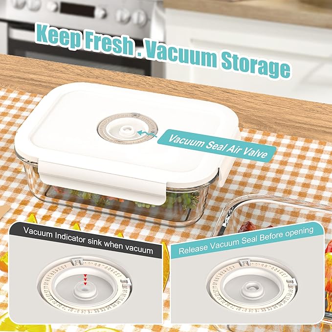 Vacuum Seal Glass Food Storage Containers, 6pcs Containerswith 10pcs Sous Vide Bags/ 1pc Automatic Pump, Meal Prep Container with Airtight Locking Lids for Lunch,Long-Lasting Freshness