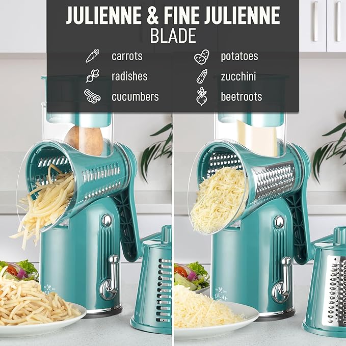 Zulay Kitchen Rotary Cheese Grater 5 Blade Cheese Shredder - Manual Hand Crank Cheese Grater With Reinforced Suction & 5 Interchangeable Drums - Easy to Use, Vegetable Chopper Round Mandoline Slicer