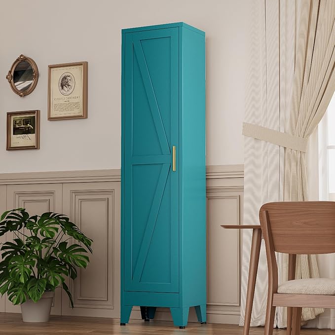 YAUWOH Narrow Metal Cabinet with 4 Adjustable Shelves and Barn Doors,Tall Bathroom Storage Cabinet, Metal Pantry Organizer for Kitchen,Home Office, Dining Room,Blue