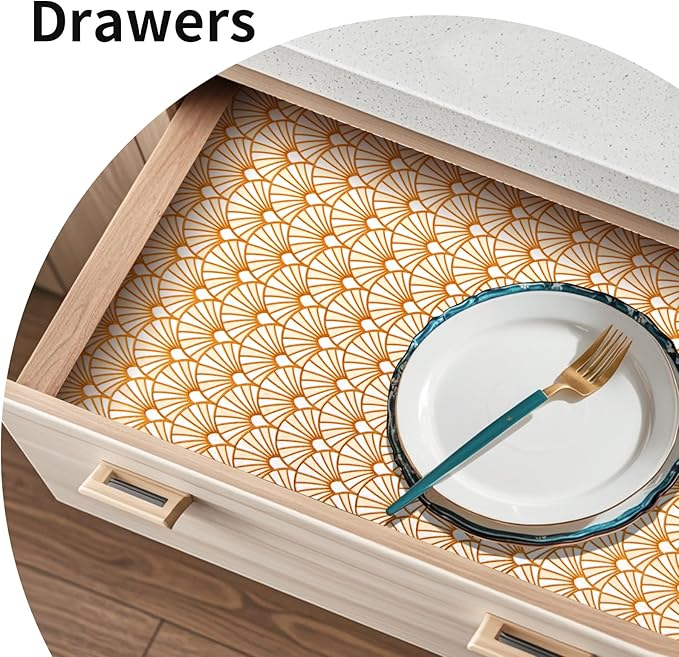 3D Drawer and Shelf Liner for Kitchen Cabinet: 12 in X 20 Ft 3D Waterproof Shelf Paper Non Adhesive Refrigerator Liners Golden Ginkgo Leaf Easy Liners for Bathroom with Knife Tape Measure