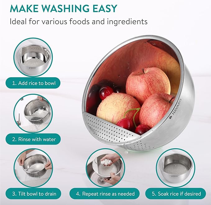 Navaris 22cm Stainless Steel Colander - Tiltable Sieve w/Front Strainer, Non-Slip Silicone Base - Metal Fruit Washer - Sieves and Strainers for Rice, Pasta, Food - Mint Green