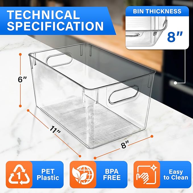 Lifemaster Stackable Refrigerator Bins - Set of 6 Large Capacity Organizers with Easy Grip Handles - Clear and Versatile for Kitchen Storage
