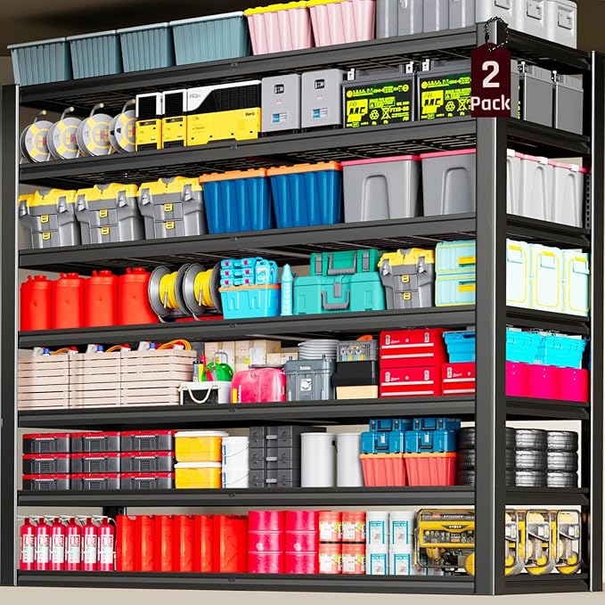 7-Tier Heavy Duty Garage Shelving Units, 65" Wide Deep Storage Shelves,Black Metal Garage Shelves,Steel Shelf,Large Storage Rack,Industrial Shelving for Shop, 65" W x 24" D x 96" H, 2 Pack