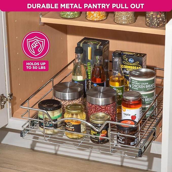 HOLDN’ STORAGE Heavy-Duty Premium Collection Pull Out Cabinet Organizer, Cabinet Drawer Slide Outs, Lifetime Limited Warranty - Basket Size 14" W x 21" D x 5" H, Anti-Rust Chrome Finish | Heavy-Duty, Premium Collection, Slide Out Caddy, Anti-Rust