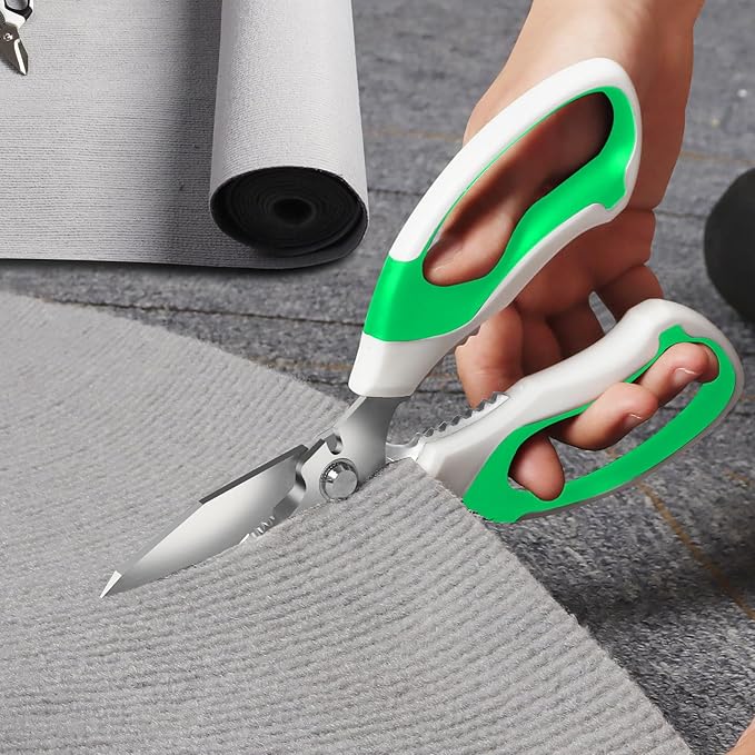 BoFuYuan 8-Inch Utility Scissors All Purpose Heavy Duty, Serrated Blade, Green Comfort Grip for Cutting Carpet, Cardboard, Leather, Fabric, Multipurpose Sharp Shears for Kitchen, Garden, Office, Carft