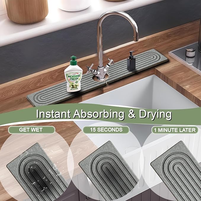 Faucet Mat for Kitchen Sink, 23.6'' Diatomite Stone Drying Mat,Quick Drying Splash Guard,Super Absorbent.Elegant Kitchen ,Bathroom Sink Splash Guard, Durable Countertop Protection (White)