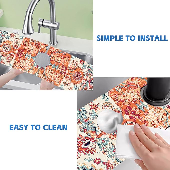 Oriental Turkish Carpet Pattern Red Dish Drying Mat for Kitchen Sink Splash Guard Behind Faucet Sink Mat Absorbent Fast Drying Faucet Draining Mat for Bathroom Kitchen 5.5"×24"