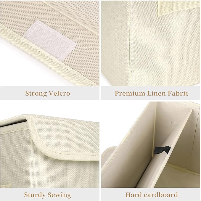 Large 42 Quarts Collapsible Stackable Storage Bins Cube with Lids [3-Pack] Foldable Fabric Linen Storage Boxes, Closet Organizer Baskets with Label for Home (16.7 x 12 x 12, Beige)