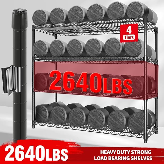 4-Tier Metal Storage Shelving Unit, 2640 Lbs Load Capacity Heavy-Duty Shelf Organizer, Adjustable Wire Rack Shelves for Garage, Pantry & Kitchen, 71.8" h x 59" w x 17.7" d