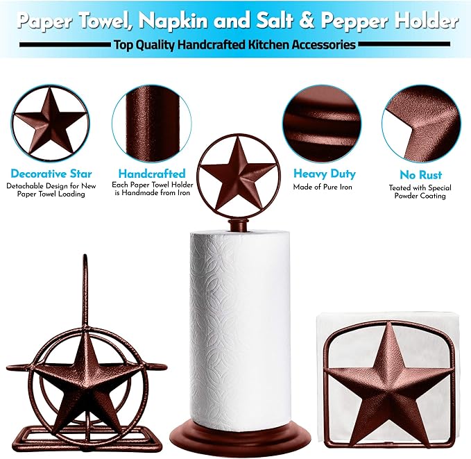 Brown Rustic Texas Star Paper Towel Holder, Napkin Holder, Salt and Pepper Shakers Holder, Country Farmhouse Iron Kitchen Counter Accessory Set Holders (Paper Towel, Napkin, S&P Holder (3 Piece Set))