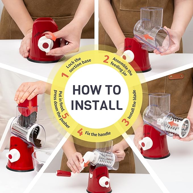 Nexsujo Rotary Cheese Grater Hand Crank, 3 Blades Slicer Shredder, Cheese Grater for Kitchen, Multi-Functional Kitchen Tool for Vegetables, Nuts, Chocolate, with Strong Suction Base, Red
