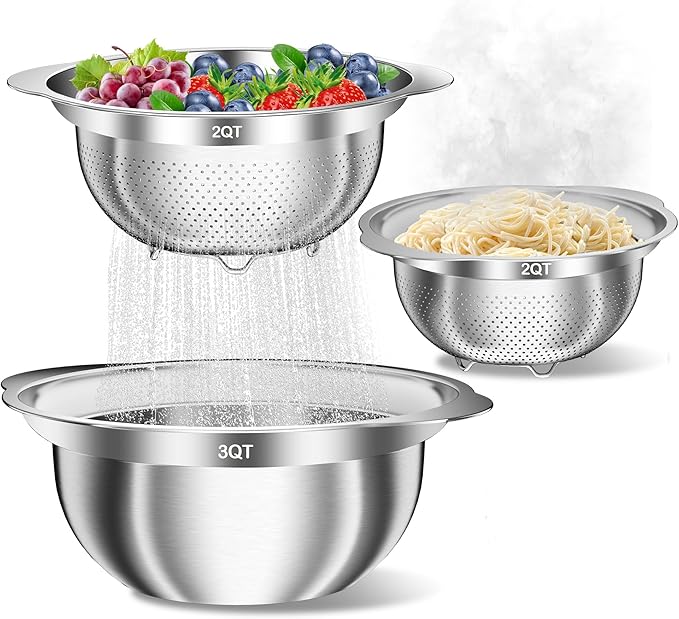 Stainless Steel Colanders with Mixing Bowl - 2.0QT & 2.0QT Strainer and Colander with Handle, 3.0QT Nesting Kitchen Bowl with Colander For Pasta, Vegetables, Fruit, Rice