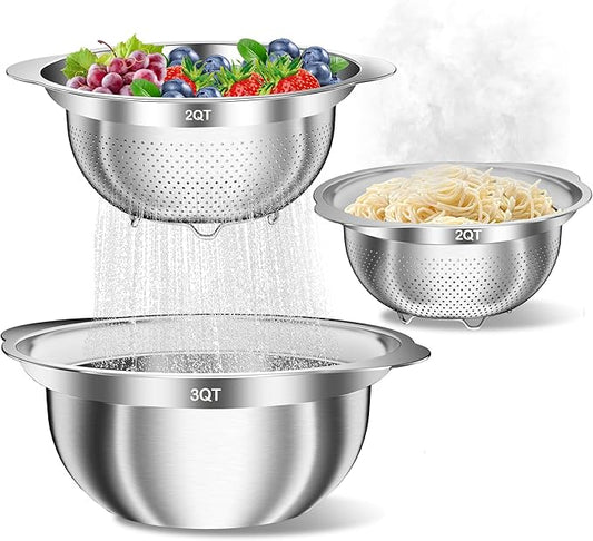 Stainless Steel Colanders with Mixing Bowl - 2.0QT & 2.0QT Strainer and Colander with Handle, 3.0QT Nesting Kitchen Bowl with Colander For Pasta, Vegetables, Fruit, Rice