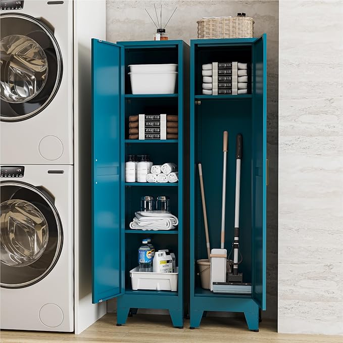 YNIQUESTLE 67" Tall Storage Cabinet with Reversible Doors and Adjustable Shelves,Metal Slim Freestanding Cabinets for Bathroom Kitchen Garage Small Spaces,Blue,5-Tier