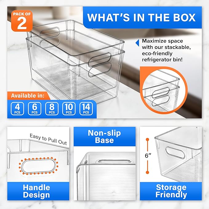 Lifemaster Stackable Refrigerator Bins - Set of 2 Large Capacity Organizers with Easy Grip Handles - Clear and Versatile for Kitchen Storage