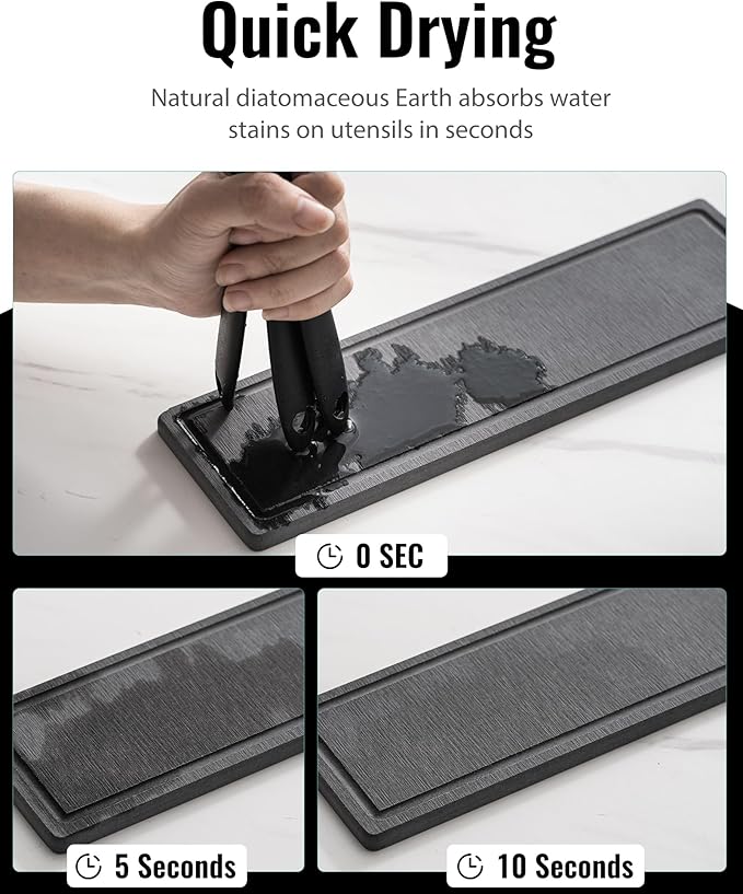 awesohome Utensil Holder for Kitchen Counter, Cooking Utensil Holder with Stone Drying Mat for Storage Spatula, Ladle, Scoop in Farmhouse Countertop with Wooden Pattern Printed, Matte Black